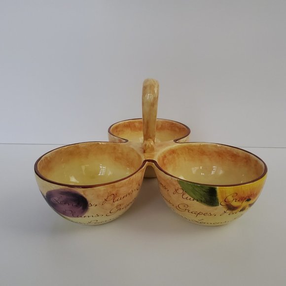 MAYFAIR & JACKSON 3 bowl divided server handle Rustic Painted Words Fruit - Picture 4 of 9